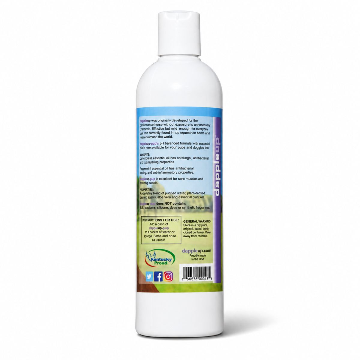 Dapple Up Pup 17oz plant-based dog shampoo back label with ingredients